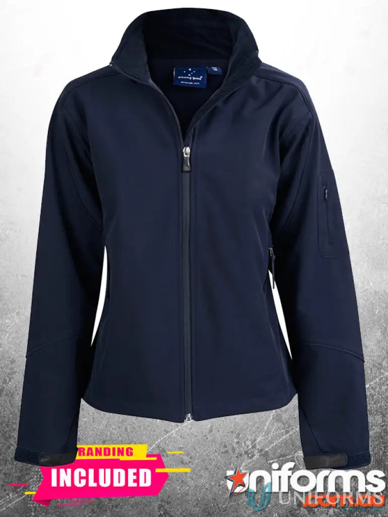 Dark blue hi-tech softshell jacket with zip pockets from Plumbers Choice Ladies Uniforms