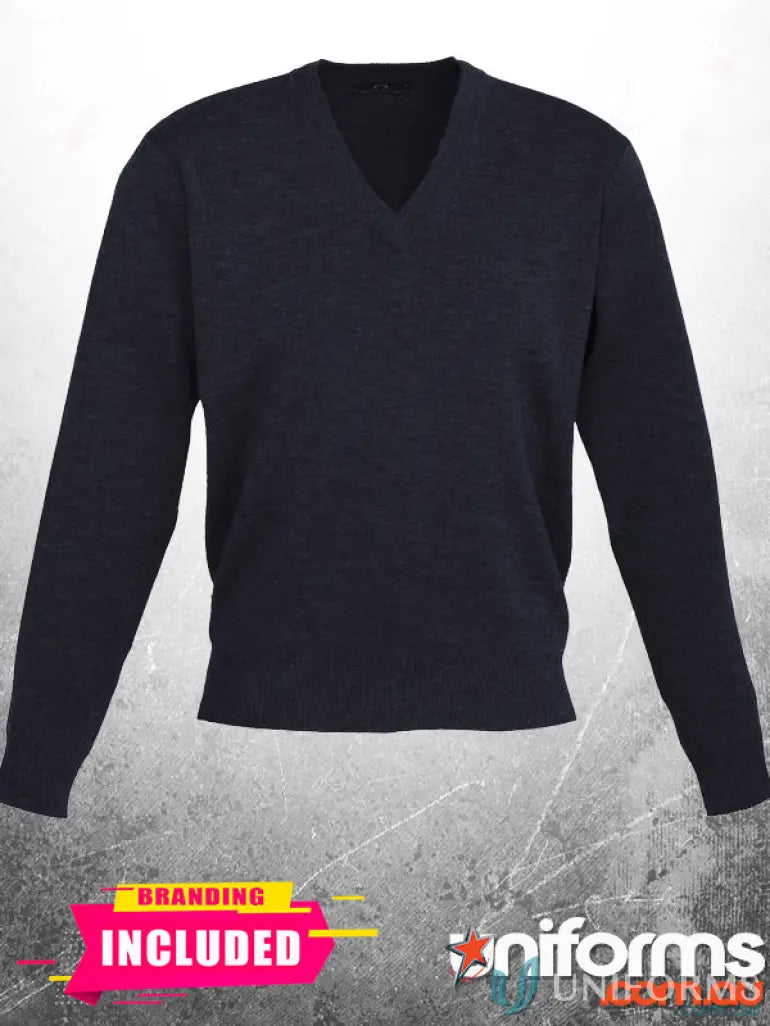 Navy blue wool V-neck sweater from Plumbers Choice EMB Mens Pullover, stylish chest fit