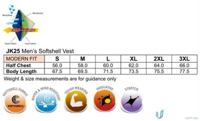 Men’s softshell vest size chart for Plumbers Choice EMB workwear uniforms
