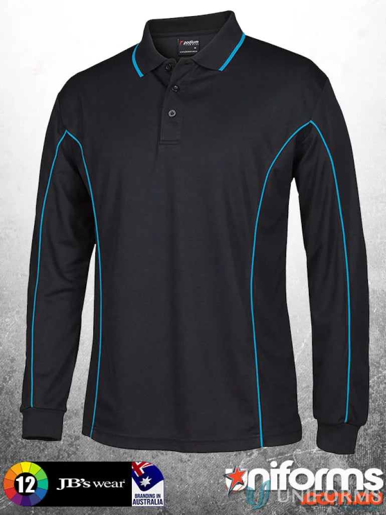 Black long sleeve polo shirt with blue podium piping and built-in UV protection
