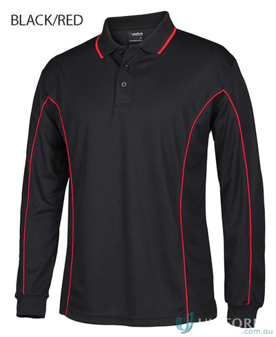 Black long sleeve polo with podium piping and built-in UV protection, stylish and comfy