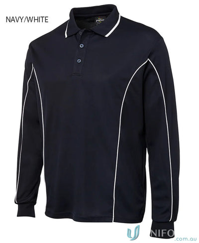 JBs Podium Piping Long Sleeve Polo with built-in UV protection in navy and white piping