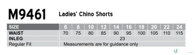Size chart for pool ladies chino shorts showing ladies chino shorts sizing info