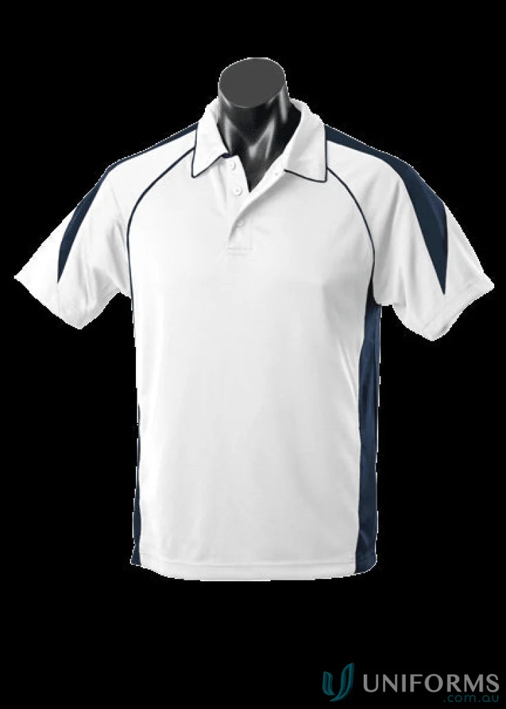 White and navy blue Premier Polo shirt made for uniforms and workwear, with comfy fabric