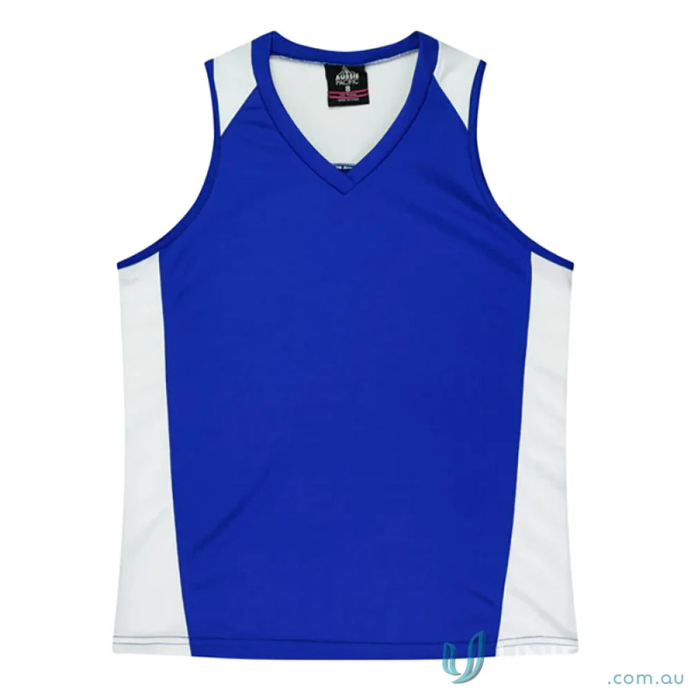 Blue and white athletic tank top with fabric neck bind for the Premier Singlet