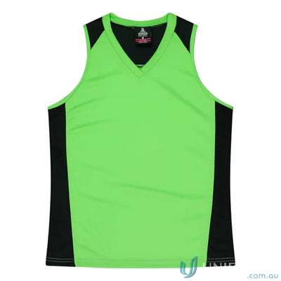 Green and black Premier Singlet with fabric neck bind for a sleek athletic look