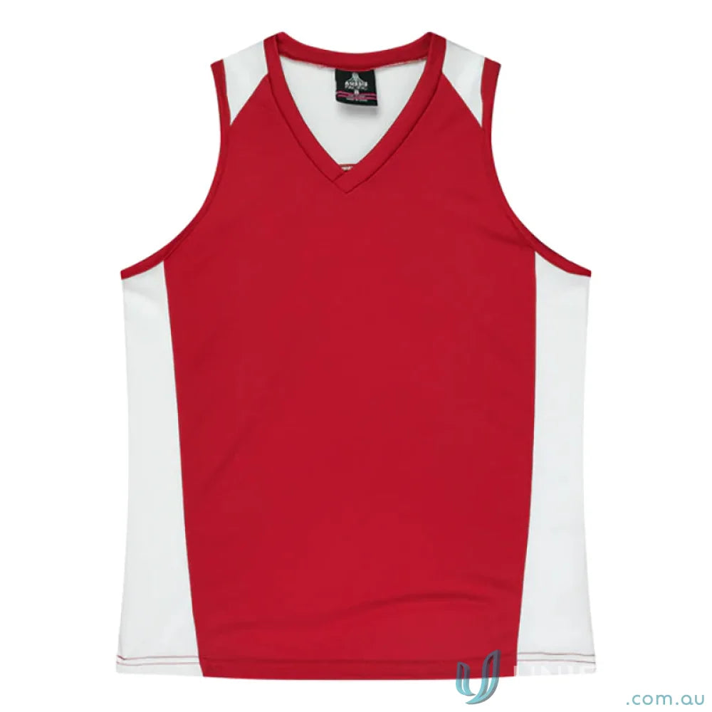 Red and white V-neck athletic tank top with fabric neck bind for a comfy fit
