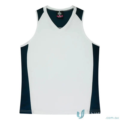 White and dark blue Premier Singlet with fabric neck bind for a sporty look