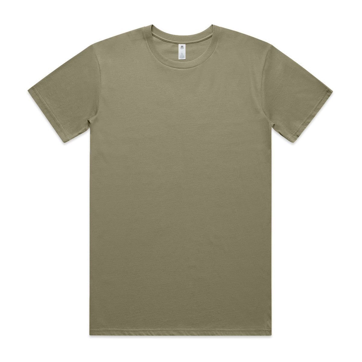 Olive green crew neck t-shirt with short sleeves and a simple design.
