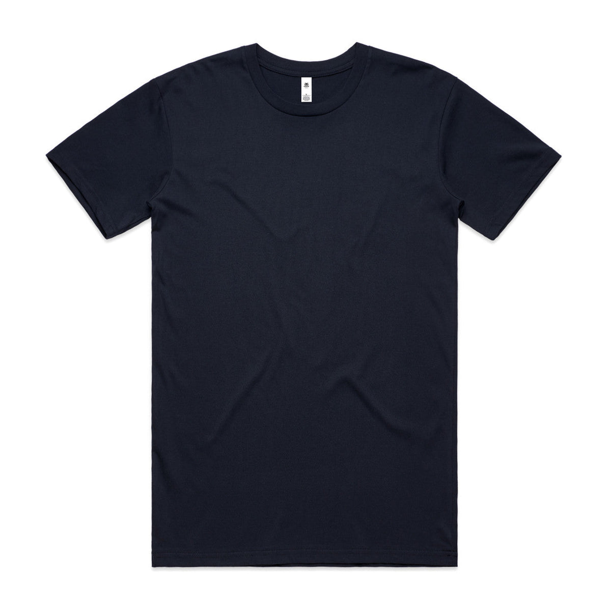 Navy blue crew neck t-shirt with short sleeves and a small white logo on the left chest.