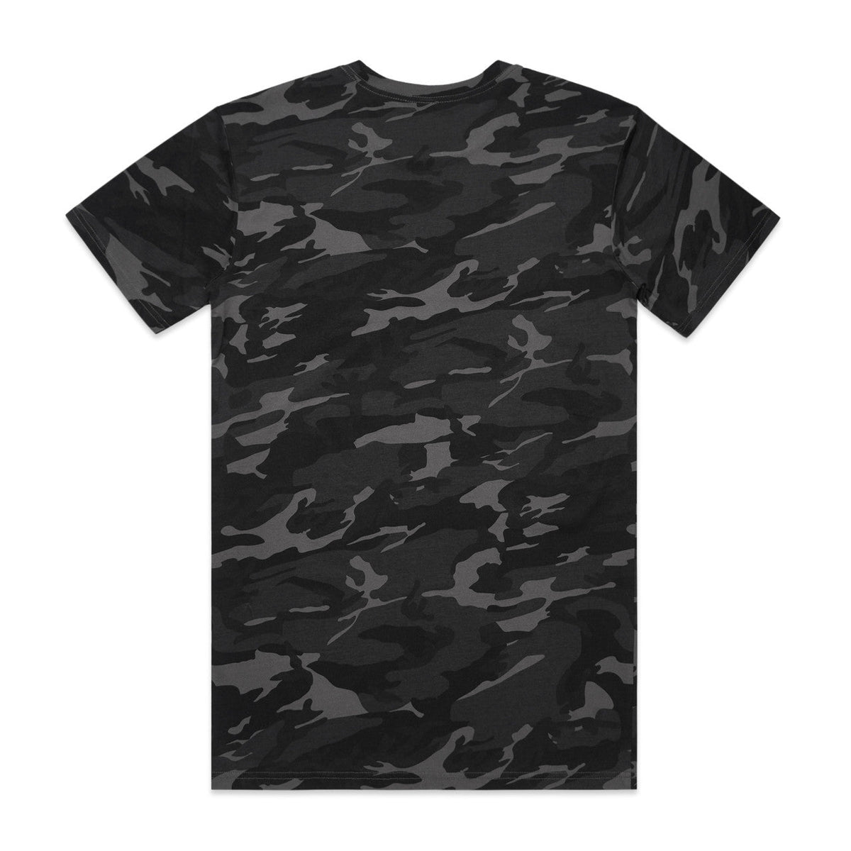 Black camouflage t-shirt with short sleeves and a crew neck.