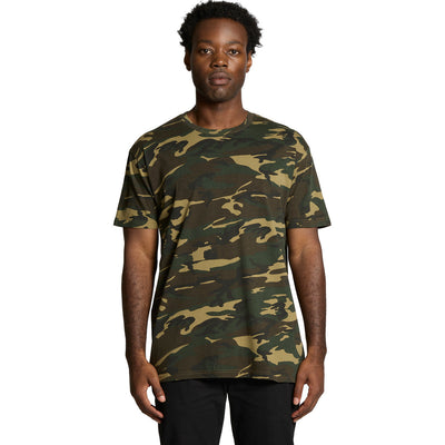 Camo t-shirt with olive green and tan camouflage pattern, short sleeves, crew neck.