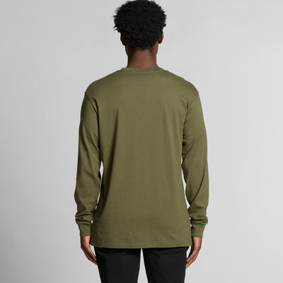 Olive green long-sleeved t-shirt with a pocket on the back.