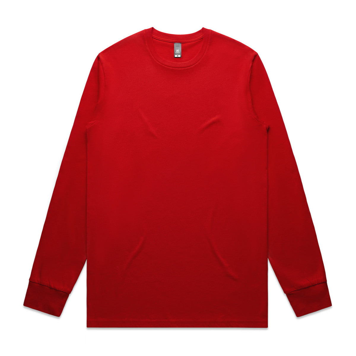 Red long-sleeved crew neck t-shirt with ribbed cuffs and hem, likely made of cotton or polyester blend.