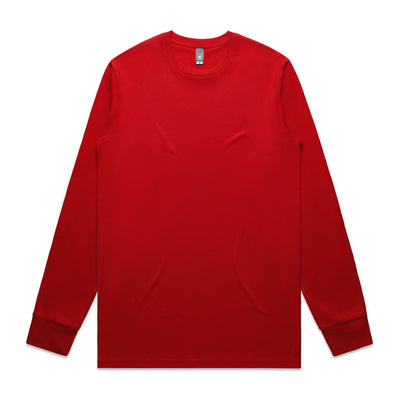 Red long-sleeved crew neck t-shirt with ribbed cuffs and hem, likely made of cotton or polyester blend.