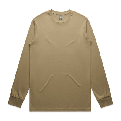 Beige long-sleeved t-shirt with curved cutouts at the bottom hem and ribbed cuffs, likely made of cotton or polyester blend.