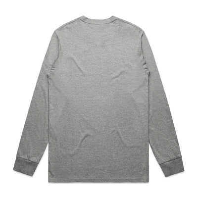 Grey long-sleeved t-shirt with ribbed cuffs and hem, featuring a subtle pattern.