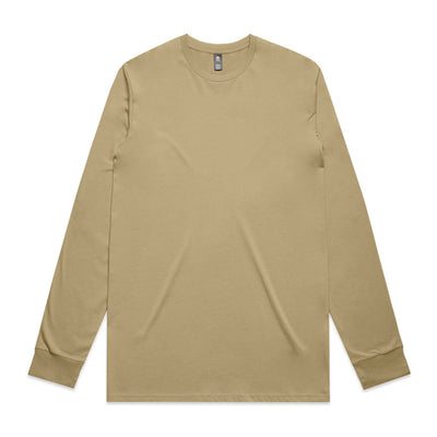 Beige long-sleeved crew neck t-shirt with ribbed cuffs and hem, likely made of cotton or polyester blend.