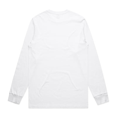 White long-sleeved t-shirt with rolled-up cuffs and a small logo on the back.