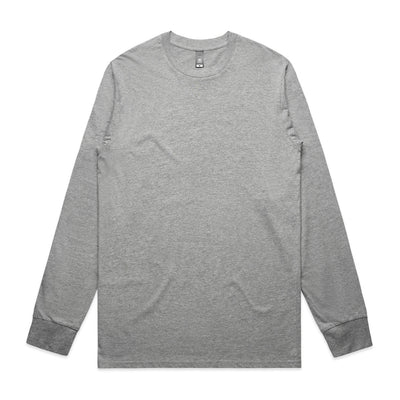 Heather gray long-sleeved t-shirt with crew neck and ribbed cuffs.