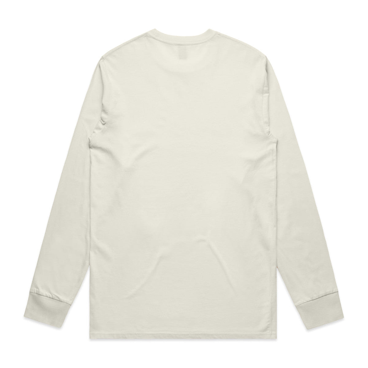 White long-sleeved t-shirt with ribbed cuffs and hem, likely made of cotton or polyester blend.