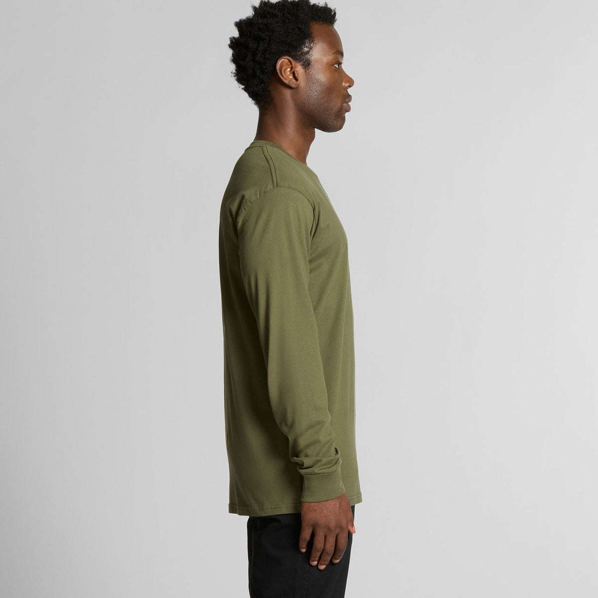 Olive green long-sleeved t-shirt with ribbed cuffs and hem, possibly made of cotton or polyester blend.