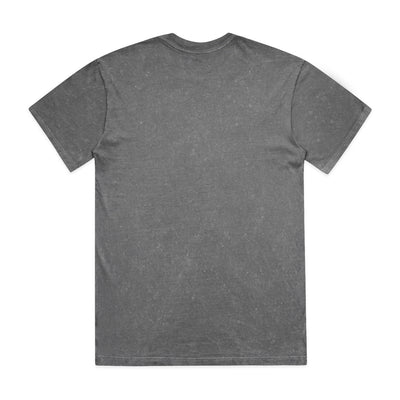 Charcoal gray t-shirt with a subtle distressed texture and short sleeves.