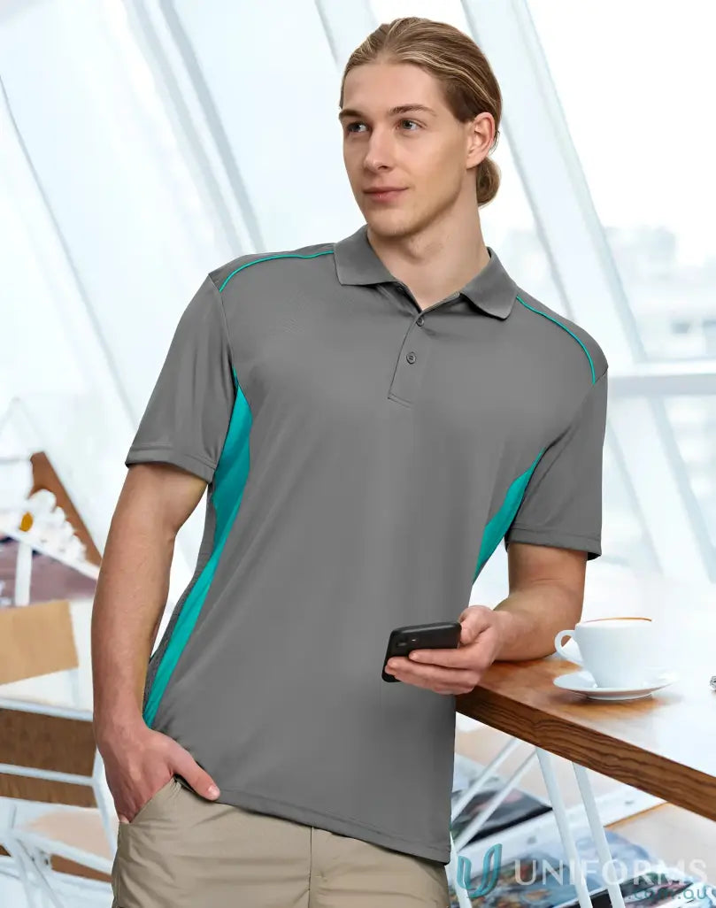Mens grey and teal Pursuit Polo shirt with breathable mesh for a winning spirit vibe