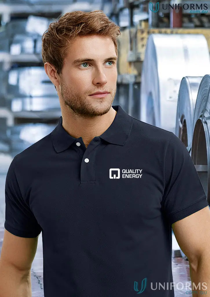 Dark blue QE EMB Polo with white button placket and classic polo style