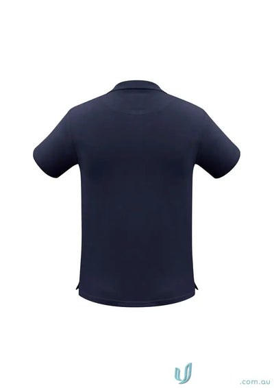 Dark blue neon short sleeve polo shirt with white button placket and classic styling