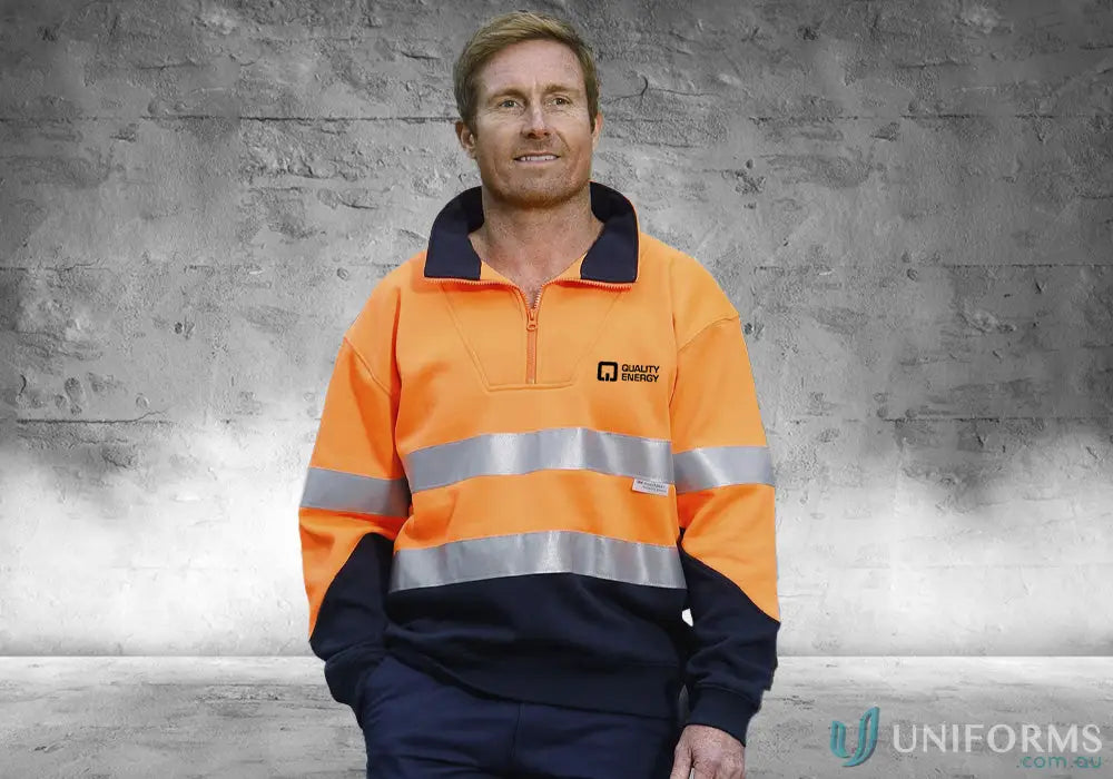 Orange and navy hi-vis long sleeve fleecy jumper with reflective stripes for work