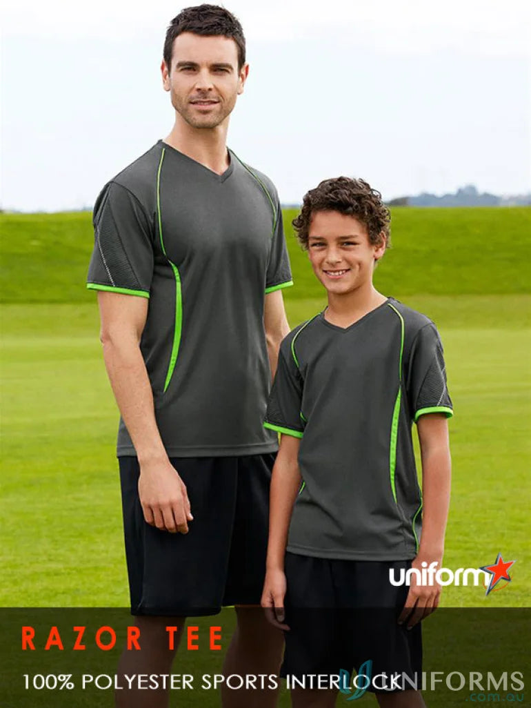 Matching gray and green Razor Tee mens razor short with self-fabric v-neck band