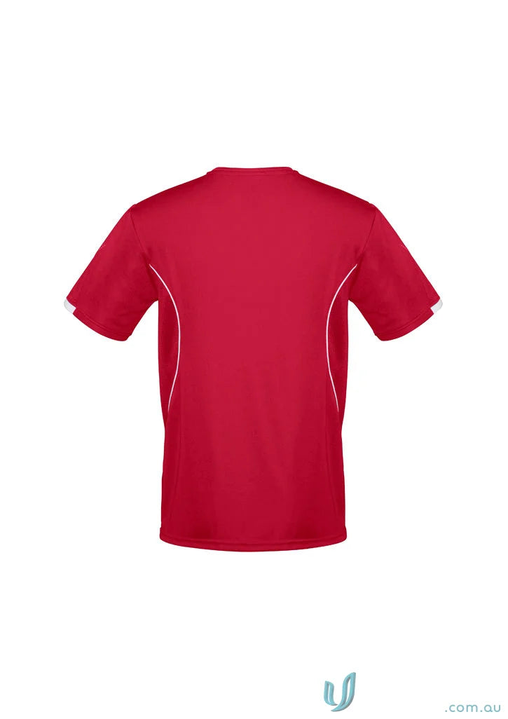 Red and white Razor Tee mens razor short with self-fabric v-neck band style