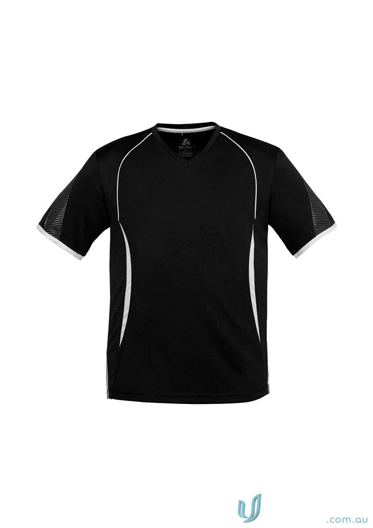 Black athletic Razor Tee with white trim, mens razor short, and self-fabric v-neck band