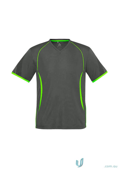 Gray Razor Tee mens razor short athletic shirt with green trim and self-fabric v-neck band