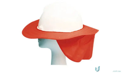White hard hat with orange brim and neck shade for workwear and uniforms FAQs link