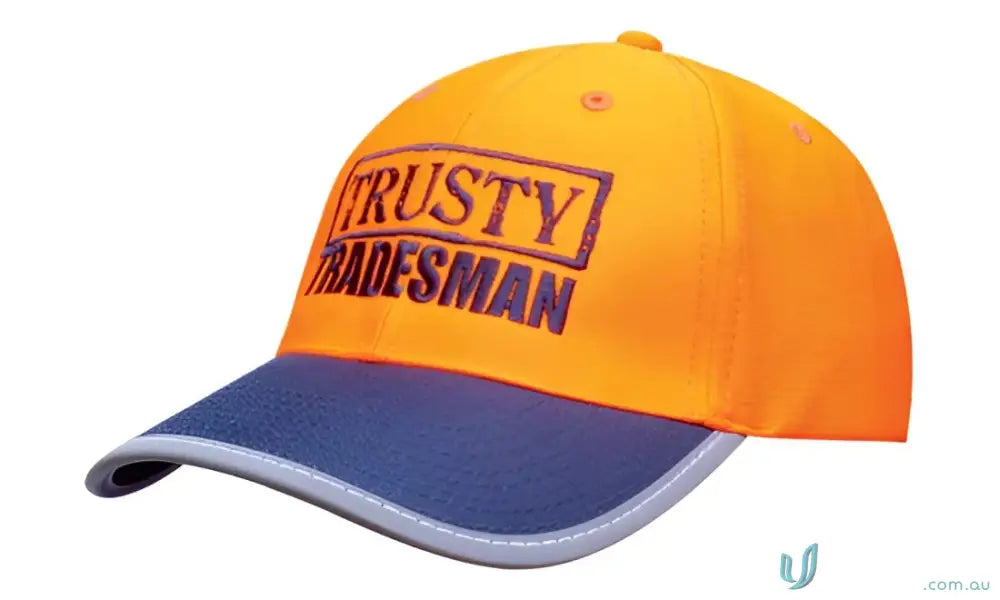 Orange and blue Reflective Trim Safety Cap perfect for workwear and uniforms, faq link included