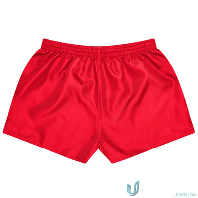 Red satin rugby shorts for kids, perfect for uniforms and sporty workwear