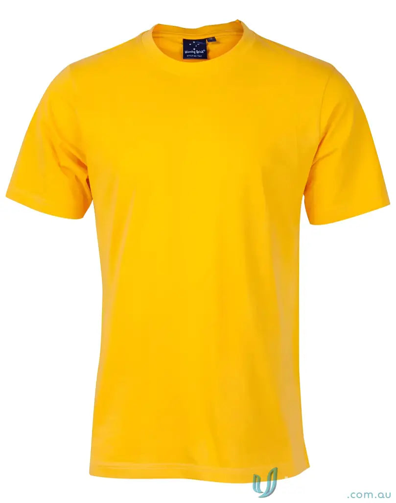 Yellow short-sleeved ts37 Savvy Tee with twin stitching and winning spirit design
