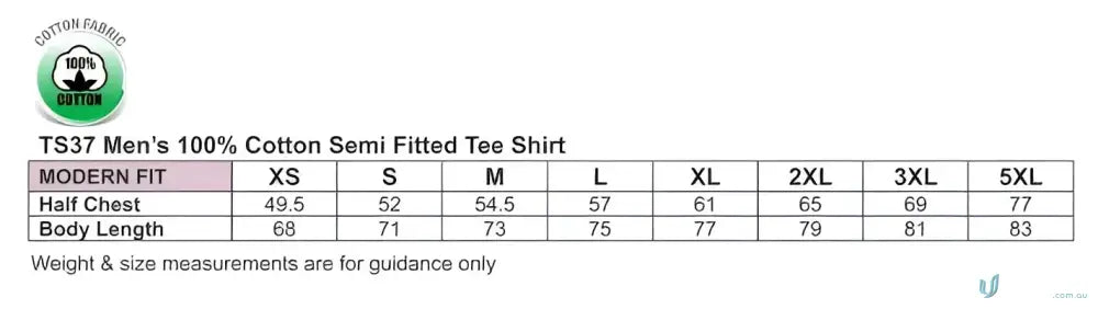 TS37 Savvy Tee size chart showing twin stitching and winning spirit style options