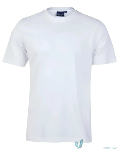 White crew-neck T-shirt showing TS37 Savvy Tee with twin stitching and winning spirit
