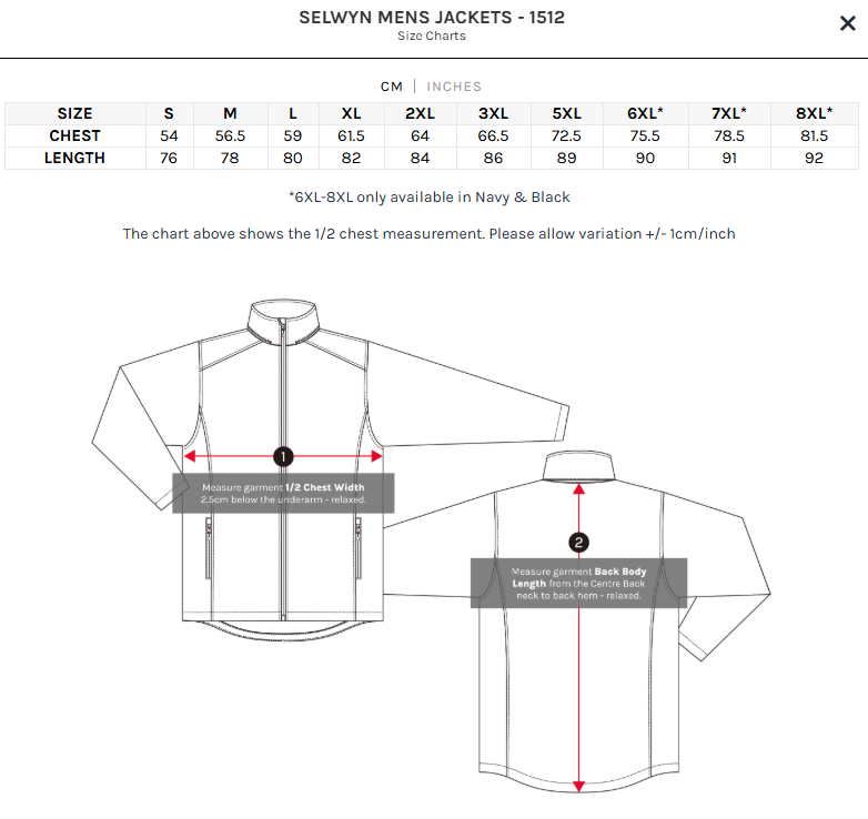Selwyn Jacket size chart