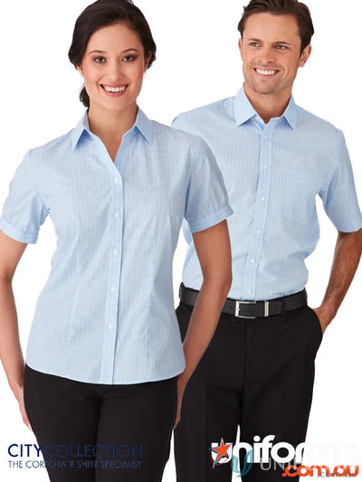 Light blue shadow stripe cap sleeve shirt perfect for uniforms and casual wear