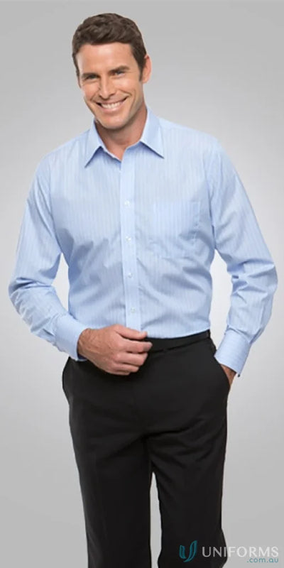 Man in Shadow Stripe LS Shirt and black pants, perfect for uniforms and workwear