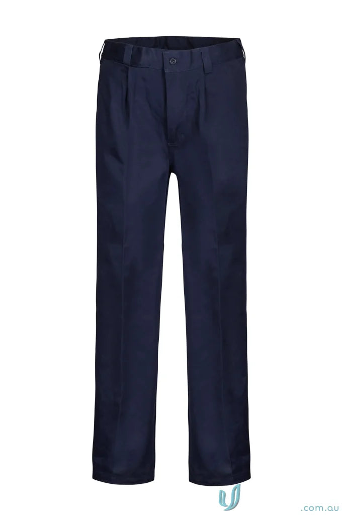 Navy blue pleated cotton pant with reinforced stress points and workcraft single pleat