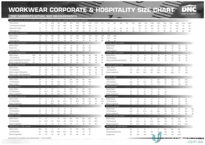 Workwear size chart for Slimflex Denim Jeans made with Oeko-Tex Standard green dye