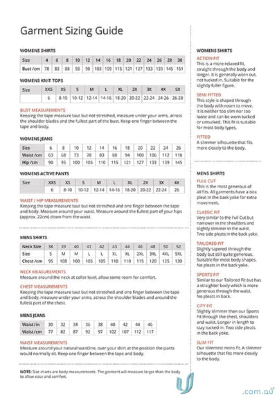 Stretch garment sizing guide for Smartknit Top workwear and uniforms