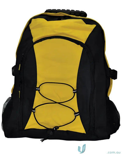 Black and yellow Smartpack Backpack with bungee cords for winning spirit and personal style