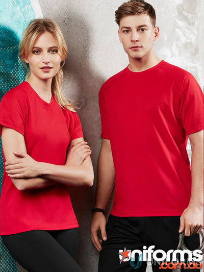 Matching red athletic shirts from Sprint BizCool Tee in the Biz Collection Sprint, comfy fit