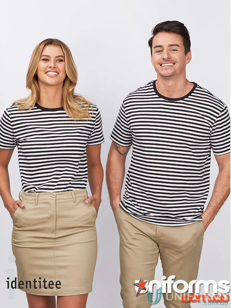 Matching black and white striped Stevie Stripe T-Shirts with khaki workwear uniforms